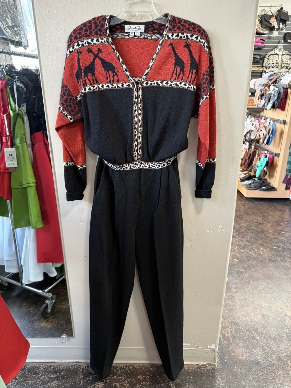 Vintage 80s Antonella Preve Giraffe Safari Knit Jumpsuit M
